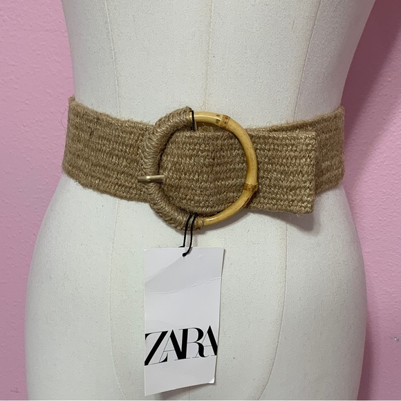 ZARA Tan Woven Jute Stretch Belt with Bamboo Accent - Picture 4 of 9